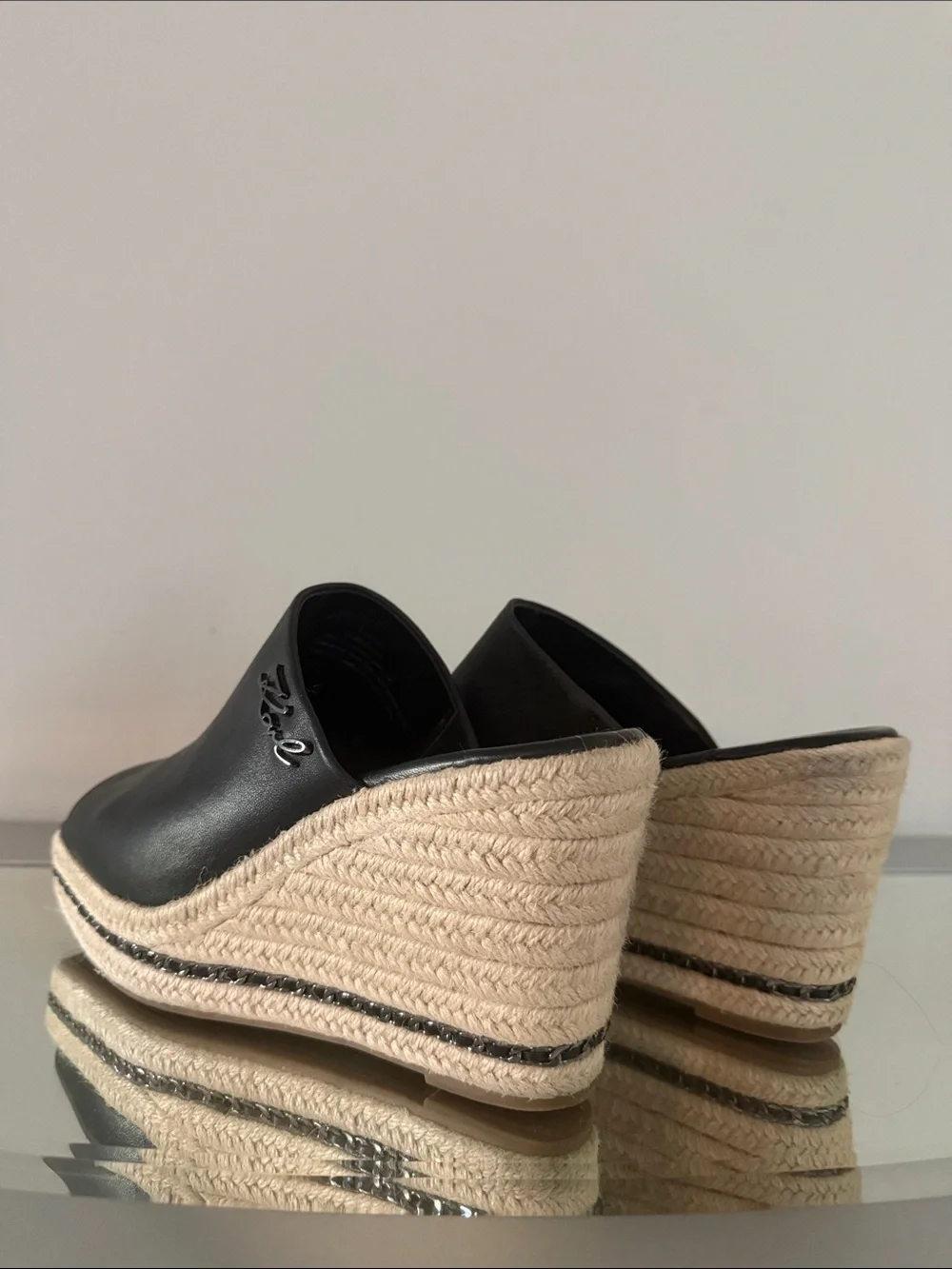 KARL LAGERFELD Corissa Black Leather Espadrille Platform Wedge Sandals 8.5 Women